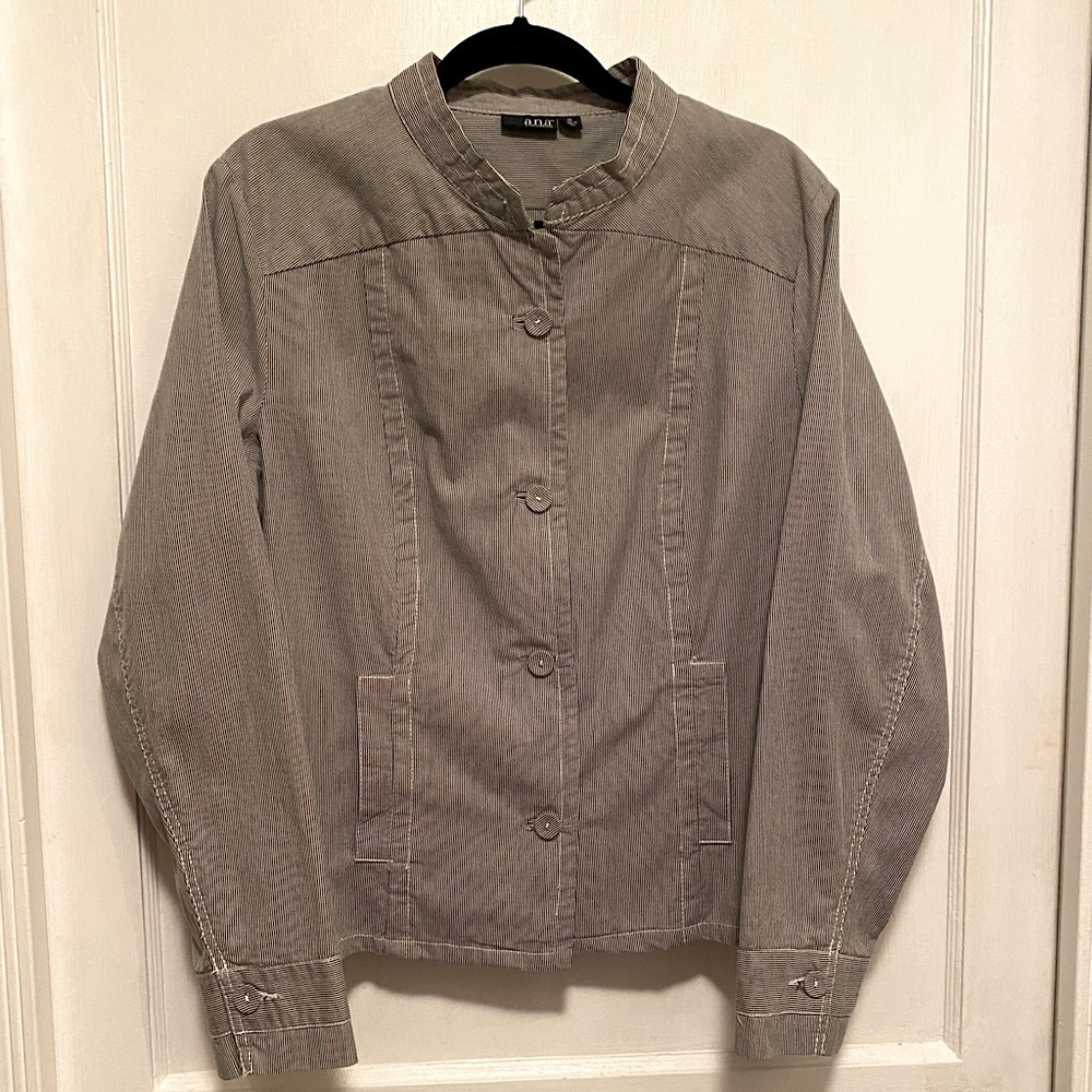 Pin-striped Cotton Jacket 1X ANA with Mandarin Collar